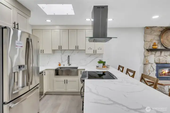 The length of this quartz countertop feels like a bowling lane.