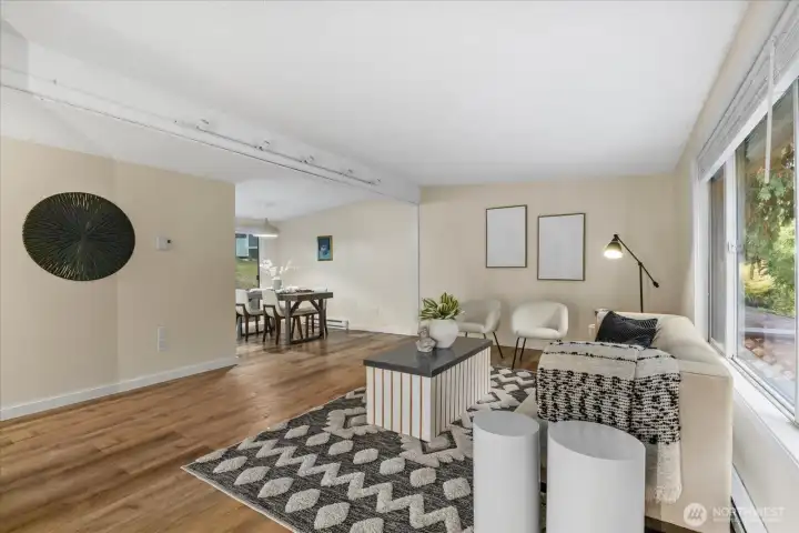 Large living room with vaulted ceilings.