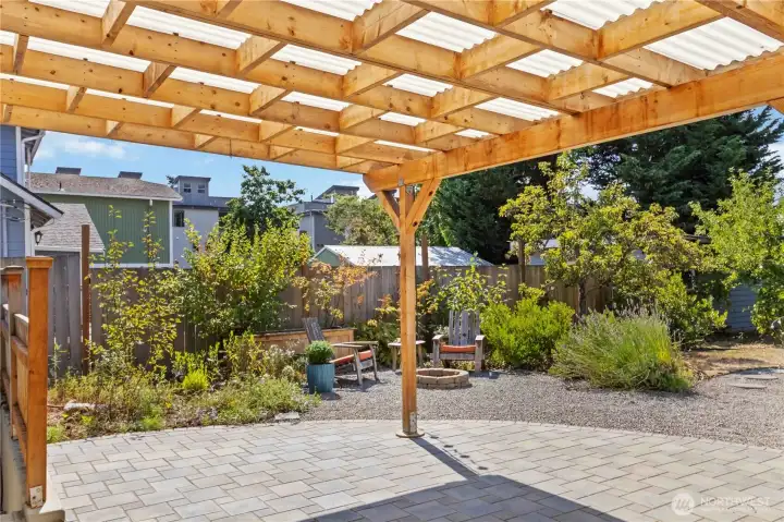 Covered patio overlooking a beautifully  landscaped backyard