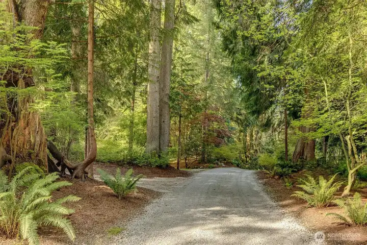 A beautifully landscaped gravel drive leads into the property