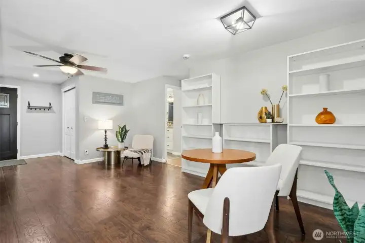 Yet is large enough for a formal dining space too!  Also equipped with a wood burning stone fireplace.