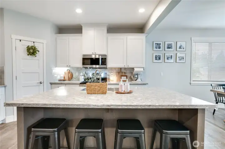 Well-appointed kitchen featuring stainless steel appliances, gas range, quartz countertops, and a convenient pantry