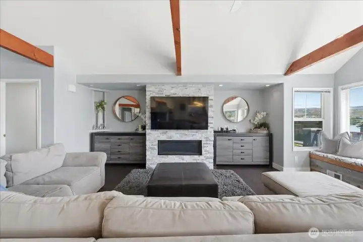 Gas fireplace, entertainment center, storage
