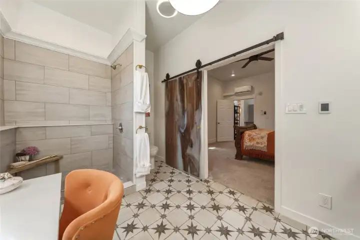 248 Primary Bathroom with custom cedar plank door
