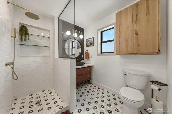 256 (ADU) Bathroom with antique vanity and custom storage cabinet
