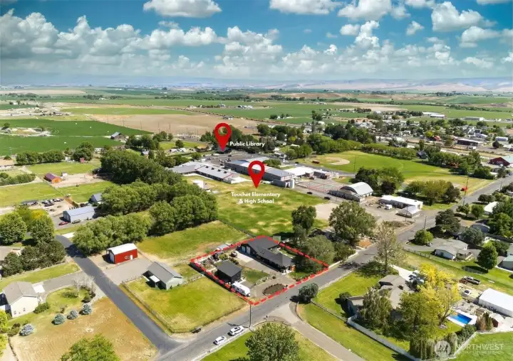 Approx. property outline, close proximity to Touchet Elementary & Highschool, as well as the public library.