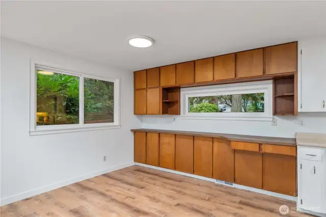 Open dining area with built-in storage