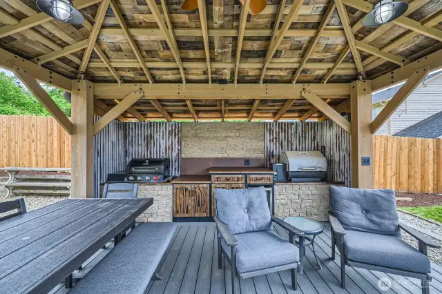 CUSTOM ENTERTAINMENT GAZEBO, COMES WITH BBQ , SMOKER, AND FRIDGE.