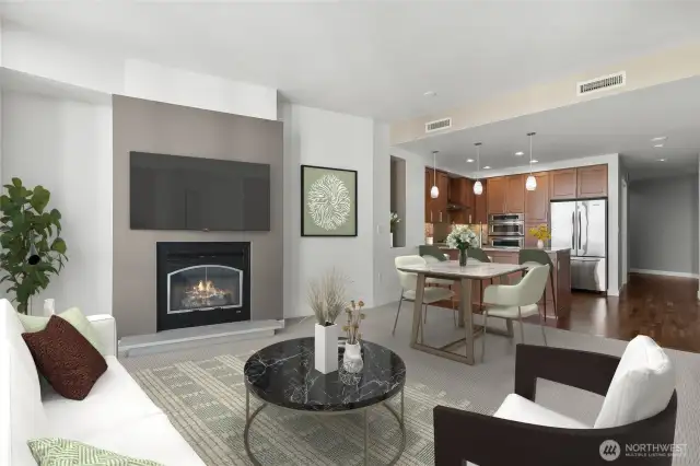 Gas fireplace and an inviting open concept that