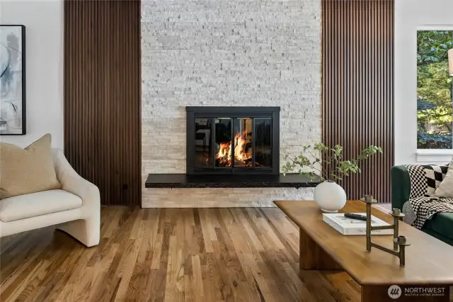 Cozy fall evenings await in front of the fluted fireplace.