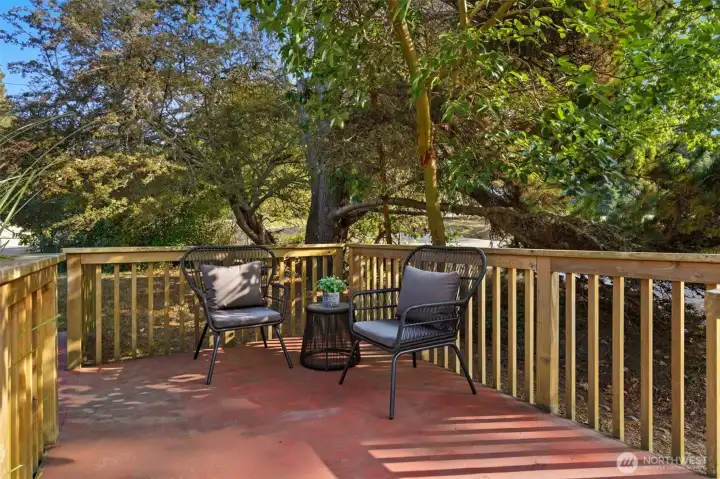 Front deck for your morning coffee hidden from the street by trees and shrubs