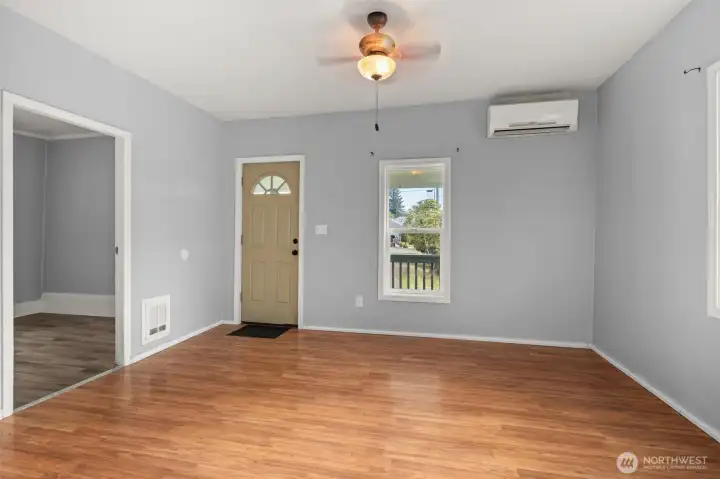 Living room with ductless heat pump