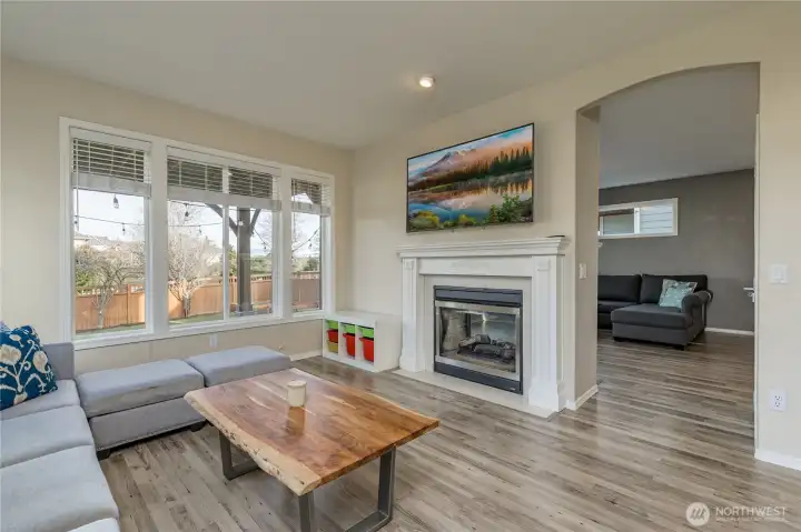 Double-sided fireplace between family room and living room