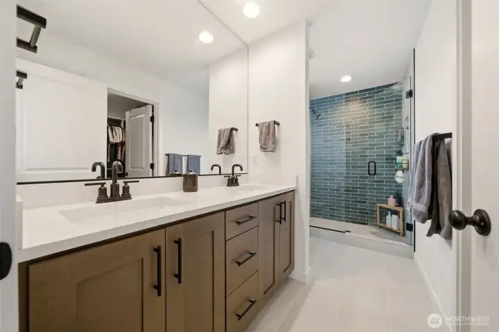 Primary attached bathroom. Double sinks.