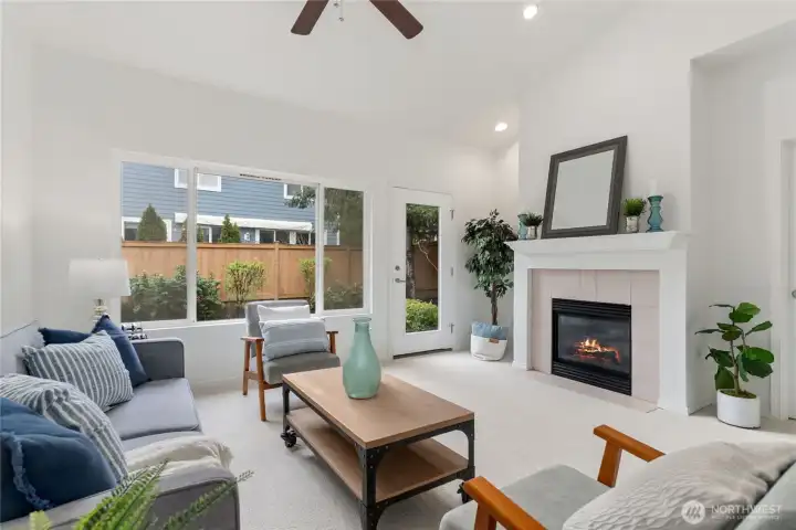 Living are with gas fireplace.