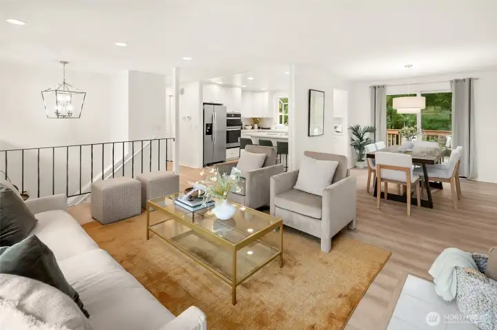 Open concept living/dining/kitchen w/beautiful oak-colored flooring & recessed lighting