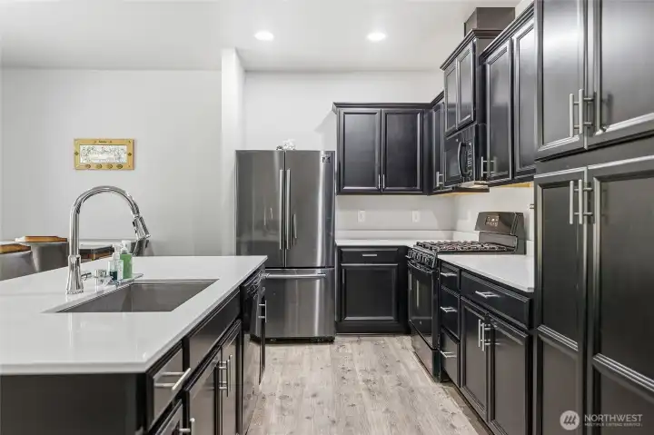 Kitchen, engineered hardwood floors, stainless steel appliances