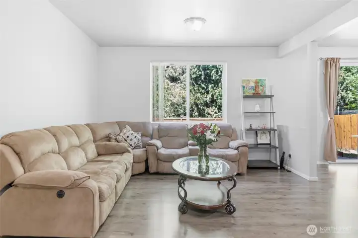 Great room, living space.  View from entry hallway