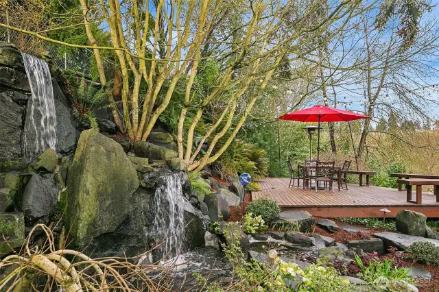 The satellite deck is reached by crossing a small stream created by this impressive water feature.