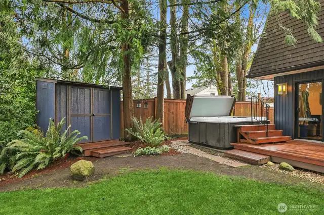 After a nice day in the yard, stow your tools and hit the hot tub for a relaxing soak.