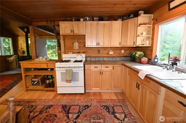 Well-designed kitchen that delivers with an efficient gas stove, abundant natural light and a movable island/workspace that doubles as bar counter.