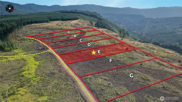 Overhead view with approximate boundaries in red and subject property highlighted.