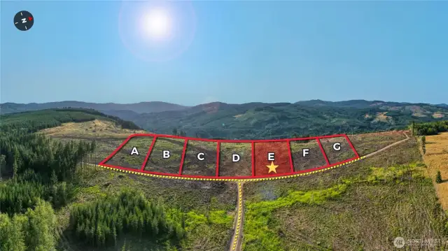 Overhead view with approximate boundaries in red and subject property highlighted.
