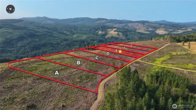 Overhead view with approximate boundaries in red and subject property highlighted.