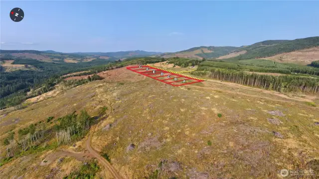 Overhead view with approximate boundaries in red and subject property highlighted.