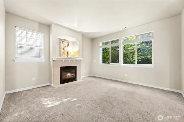 Family room with lots of windows and view to the backyard.  Gas fireplace and cable outlets for TV to be placed above fireplace