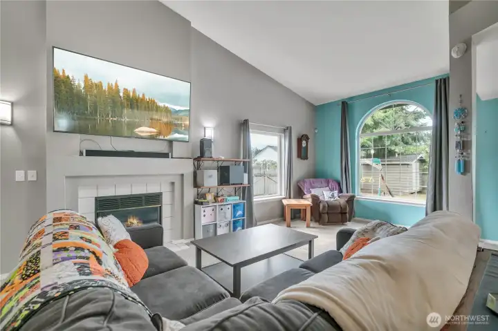 Living room with a cozy gas fireplace