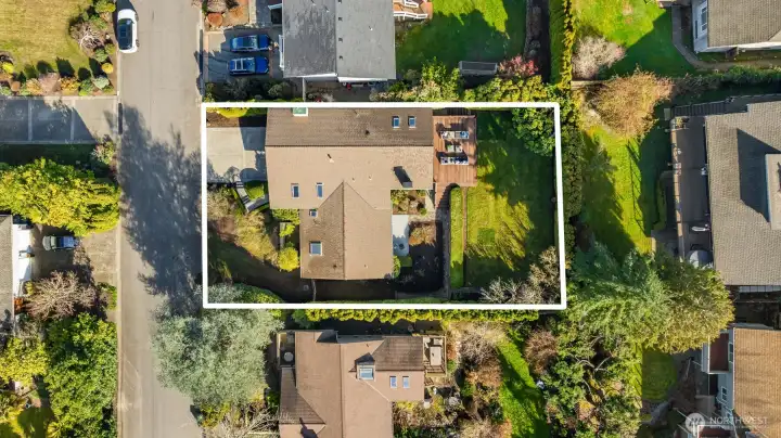 A stunning aerial view revealing the home's exceptional lot — a generous, flat, and beautifully landscaped property tucked into a quiet cul-de-sac, with a mature tree canopy, spacious backyard, and prime positioning that perfectly captures the privacy and scale this rare offering provides.