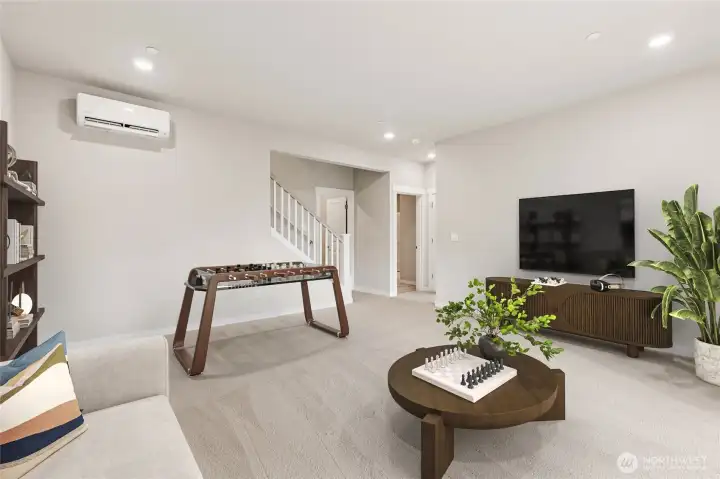 Mini Split for efficient heating and cooling of daylight basement. Virtually stagged. Photo's are for representational purposes only. Colors and finishes may differ. Mini Split for efficient heating and cooling of daylight basement. Virtually stagged. Photo's are for representational purposes only. Colors and finishes may differ.