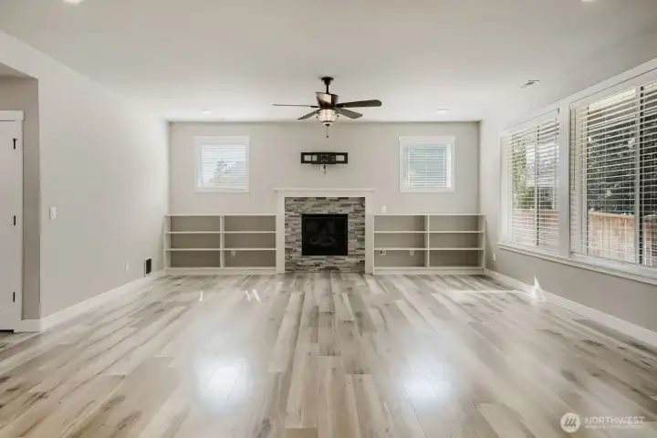 nviting gas fireplace with built-in shelving provides the perfect gathering place for relaxing evenings at home. nviting gas fireplace with built-in shelving provides the perfect gathering place for relaxing evenings at home.