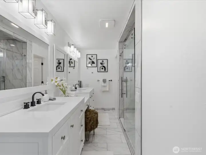 Primary bathroom with double sinks and extra vanity space
