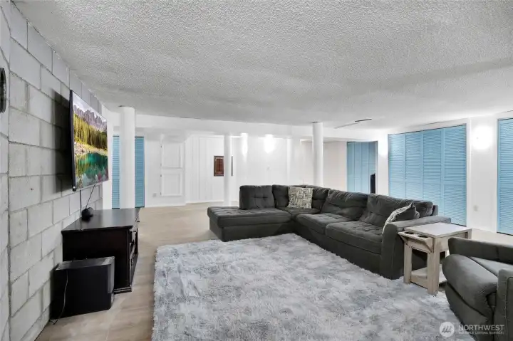 What a cozy area on the lower level! Behind the block wall is more storage and a separate smaller room.