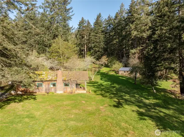 Well beyond the cabin, the hideaway and the orchard, the property extends into the forest. There is a cleared driveway through the forest.
