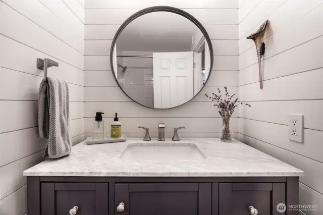 Brand new vanity, shiplap wall