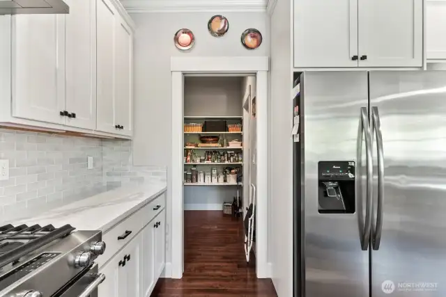 Walk in pantry that is connected to the laundry room.