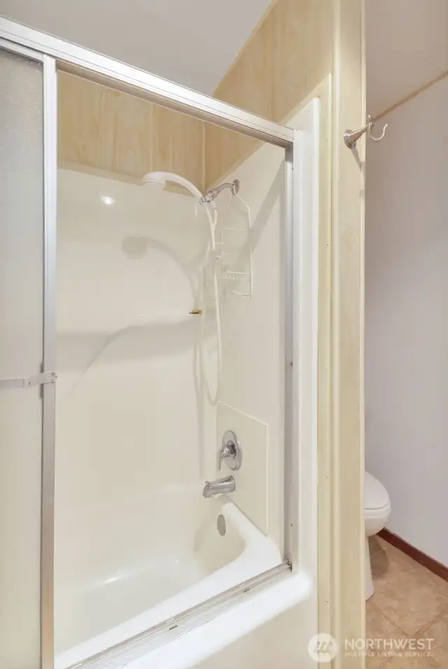 Hall bath shower/tub view.