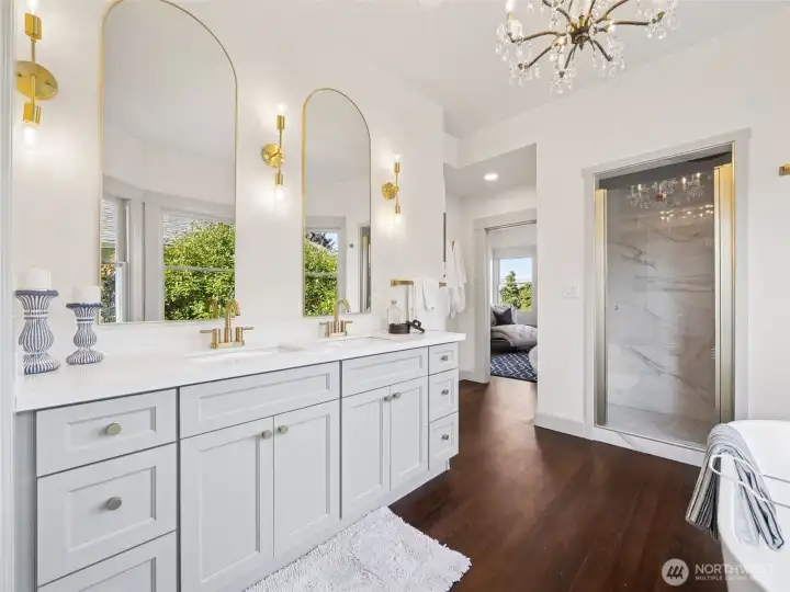 Primary suite with double sinks and walk-in shower