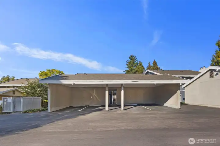 Covered parking steps from your door. With extra storage unit.