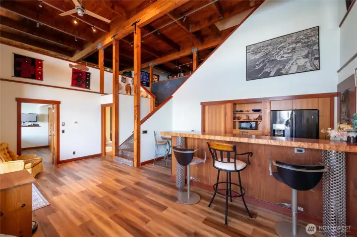 Looking across the lower floor which is open to the second level.