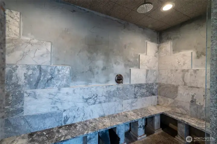 The marble in the steam room was reclaimed from WWU and it is just amazing!