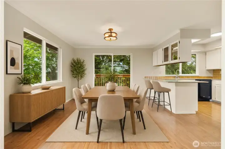 Dining Room, again gets tremendous light from the South facing window and the West facing glass slider that open out to a new deck