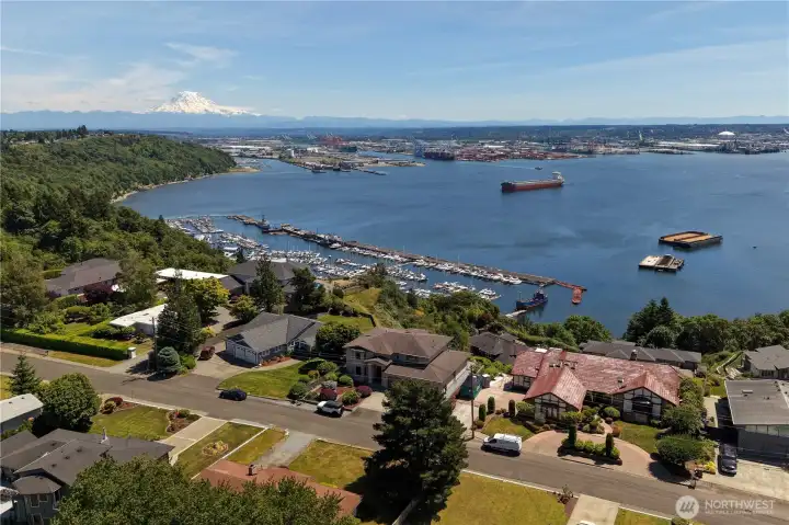 Aerial View of Commencement Bay with Mt Rainier