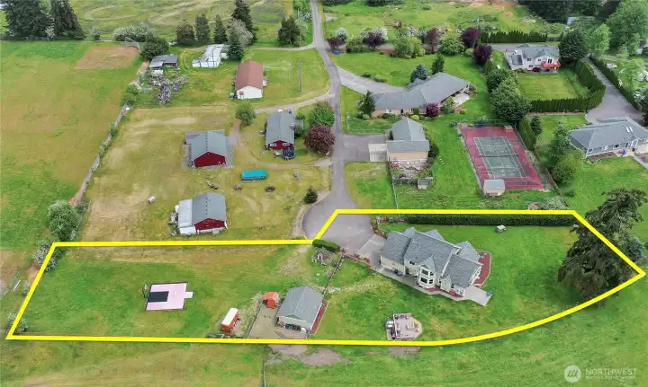 Drone view overhead of your 1 acre+ lot, lines are approximate, what a setting. I love the dead-end/cul-de-sac and the nice homes all around this property.