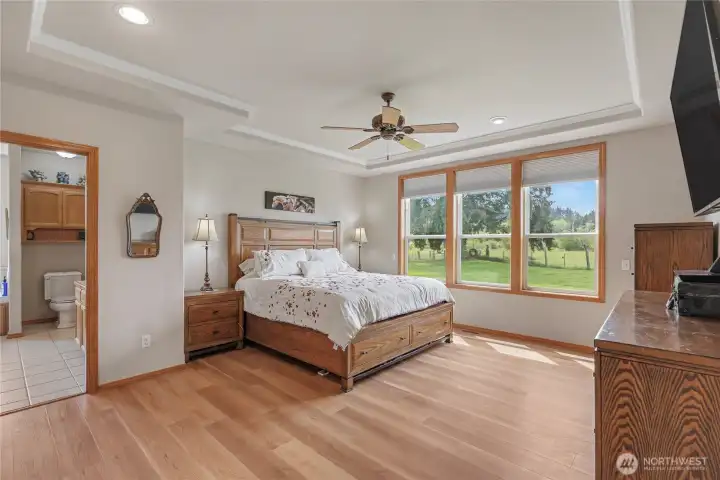 First floor Primary Suite view, WOW WOW WOW! Gorgeous tray ceiling, ceiling fan, large windows and quite ample in size. Your ensuite bath is to your left.
