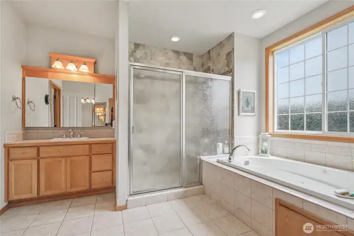 Primary ensuite 5-piece bath view one, love the jetted soaking tub, separate shower and double vanities, an OASIS.