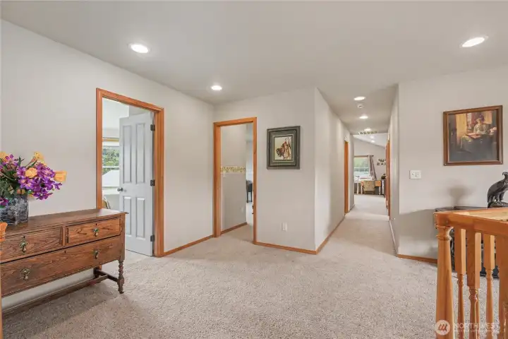 Upstairs landing view, so much space. Bedrooms to your left and upper left, upper right/straight ahead hall leads to another bedroom, full bath and bonus room. Loft has so much room for homework, gaming, or??